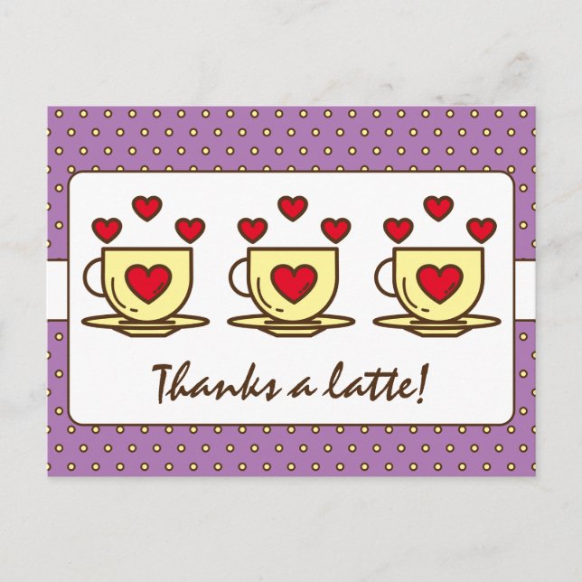 Cute Purple Thanks A Latte Coffee Thank You Postcard (Front)