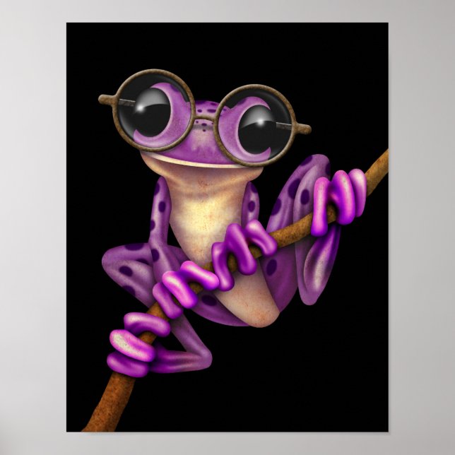 Cute Purple Tree Frog with Eye Glasses on Black Poster (Front)