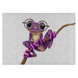 Cute Purple Tree Frog with Eye Glasses on White Cutting Board