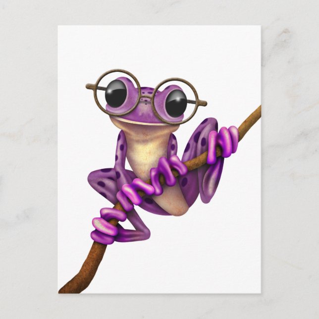 Cute Purple Tree Frog with Eye Glasses on White Postcard (Front)