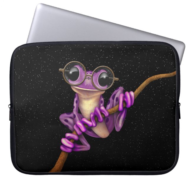 Cute Purple Tree Frog with Eye Glasses with Stars Laptop Sleeve (Front)