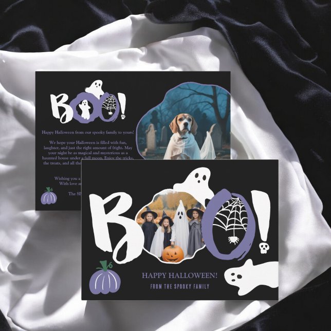 Cute purple trendy Boo ghosts 2 photos Halloween Holiday Card (Cute purple trendy Boo ghosts 2 photos Halloween Holiday Card)