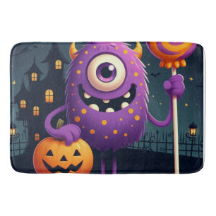 Cute, purple trick-or-treating monster bath mat