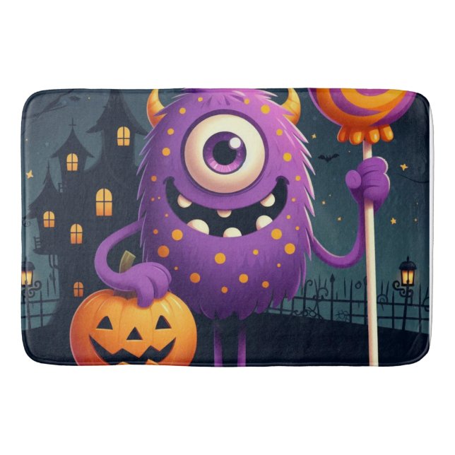 Cute, purple trick-or-treating monster bath mat (Front)