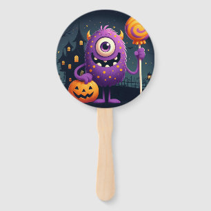 Cute, purple trick-or-treating monster hand fan