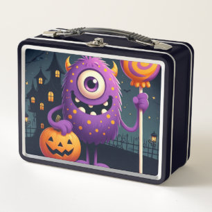 Cute, purple trick-or-treating monster metal lunch box