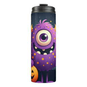 Cute, purple trick-or-treating monster thermal tumbler