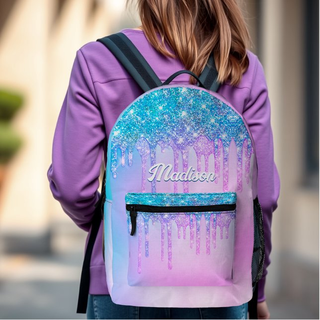 Cute purple Turquoise Glitter Drips monogram Printed Backpack (Creator Uploaded)