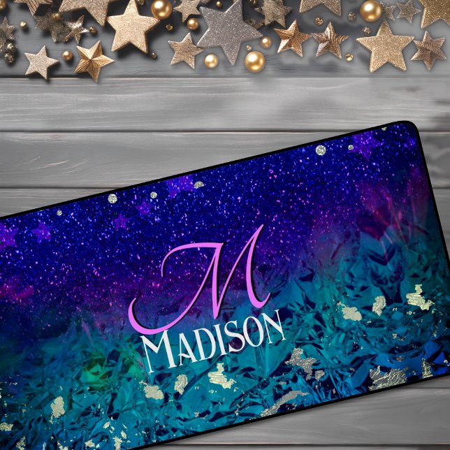Cute purple turquoise ombre glitter monogram desk mat (Creator Uploaded)