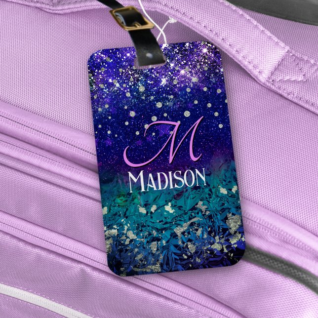 Cute purple turquoise ombre glitter monogram luggage tag (Creator Uploaded)