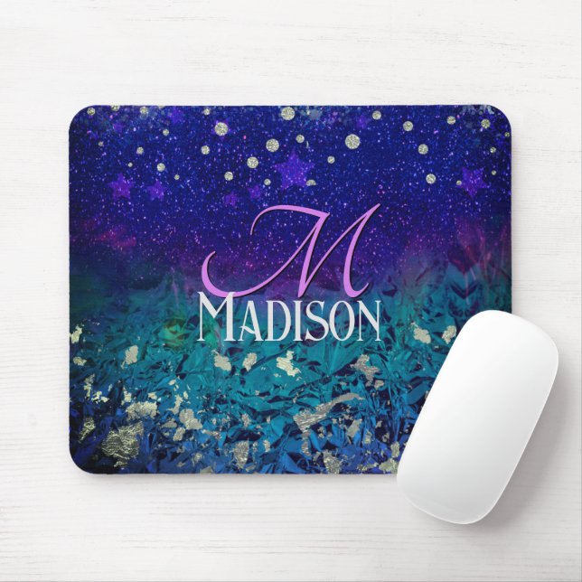 Cute purple turquoise ombre glitter monogram mouse pad (With Mouse)