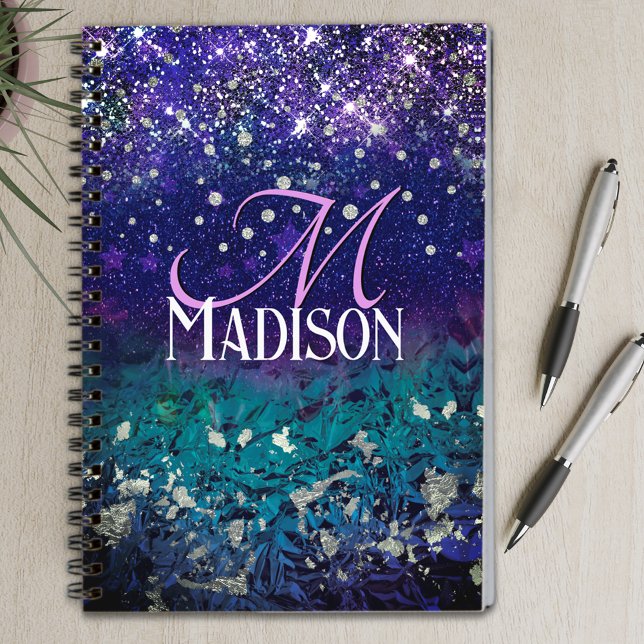 Cute purple turquoise ombre glitter monogram notebook (Creator Uploaded)