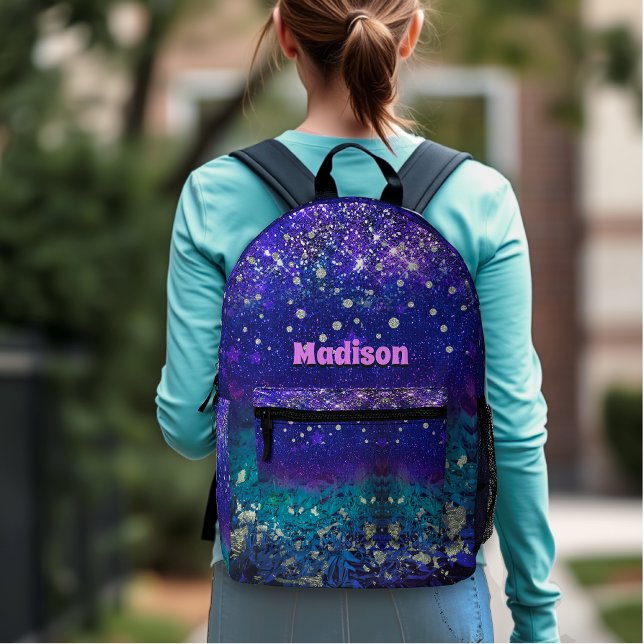 Cute purple turquoise ombre glitter monogram printed backpack (Creator Uploaded)