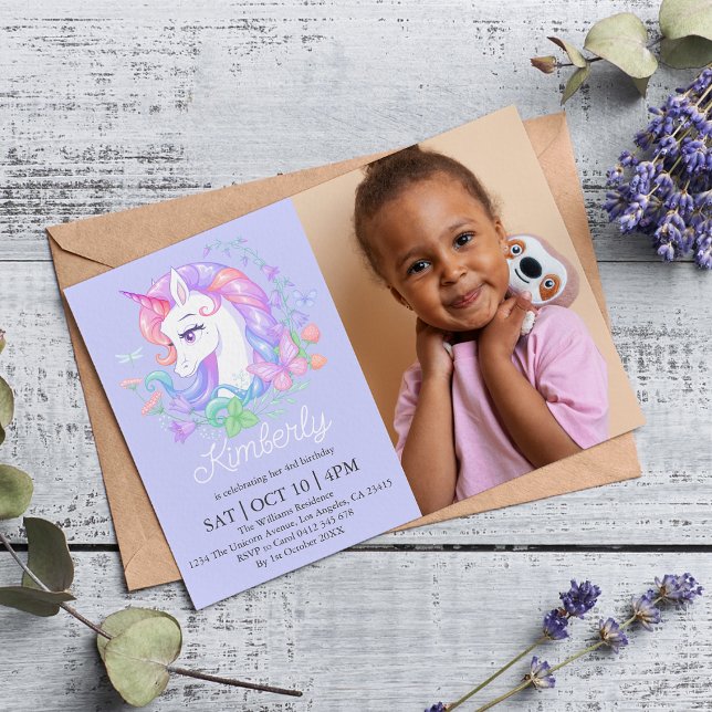 Cute Purple Unicorn All Ages Photo Kids Birthday  Invitation (Creator Uploaded)