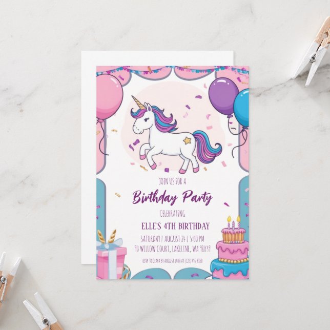 cute purple unicorn birthday invitations (Front/Back In Situ)