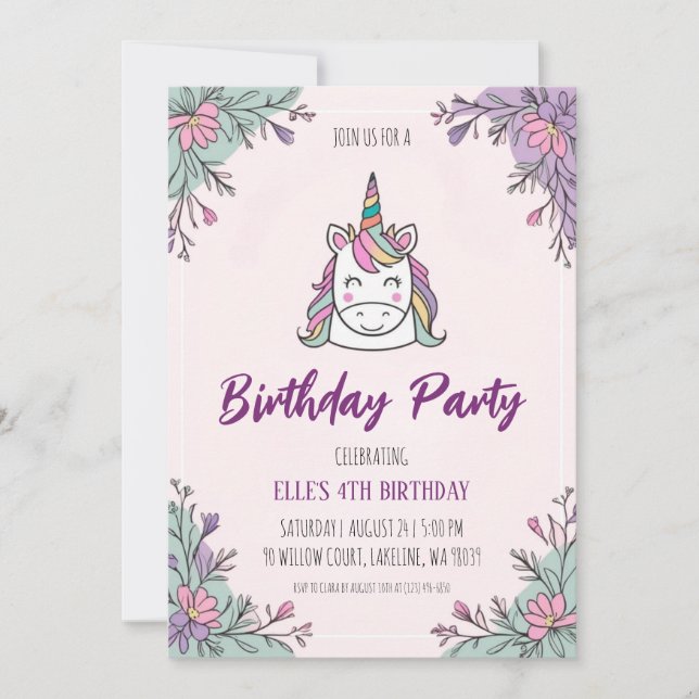 cute purple unicorn birthday invitations (Front)