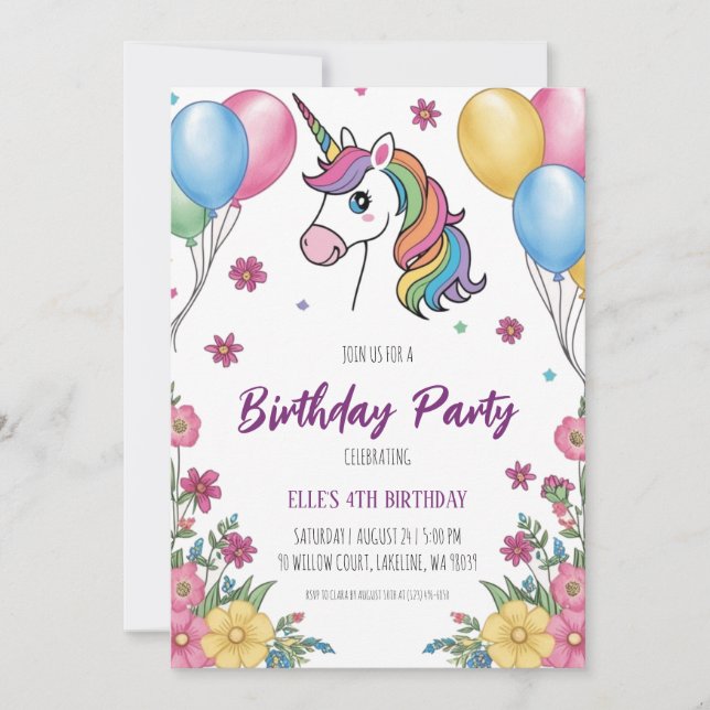 cute purple unicorn birthday invitations (Front)