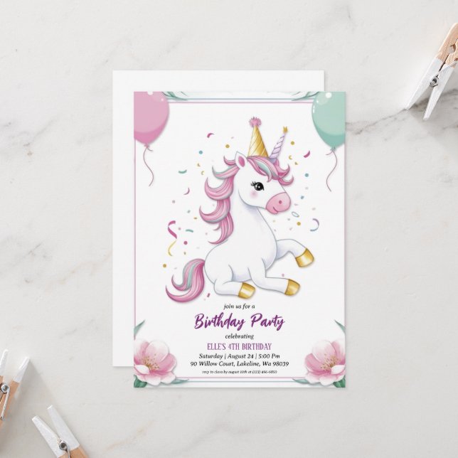 cute purple unicorn birthday invitations (Front/Back In Situ)