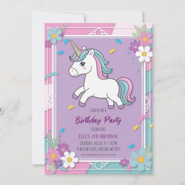 cute purple unicorn birthday invitations (Front)