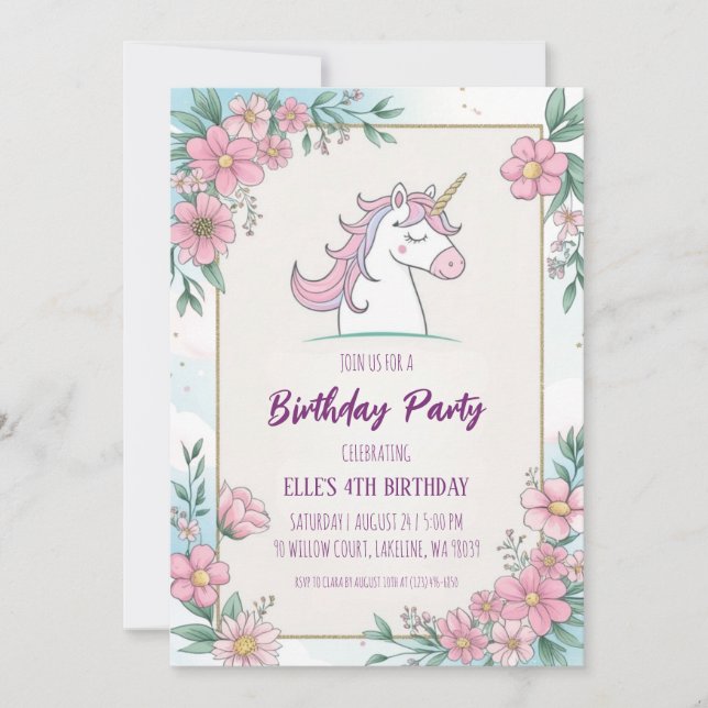 cute purple unicorn birthday invitations (Front)