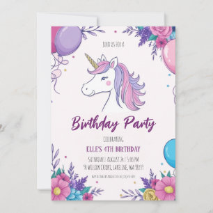 cute purple unicorn birthday invitations