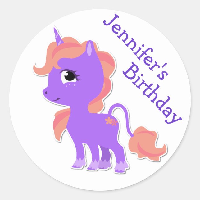 Cute Purple Unicorn Birthday Sticker (Front)