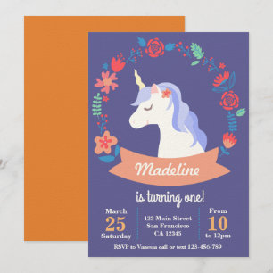 Cute purple unicorn floral birthday invitation