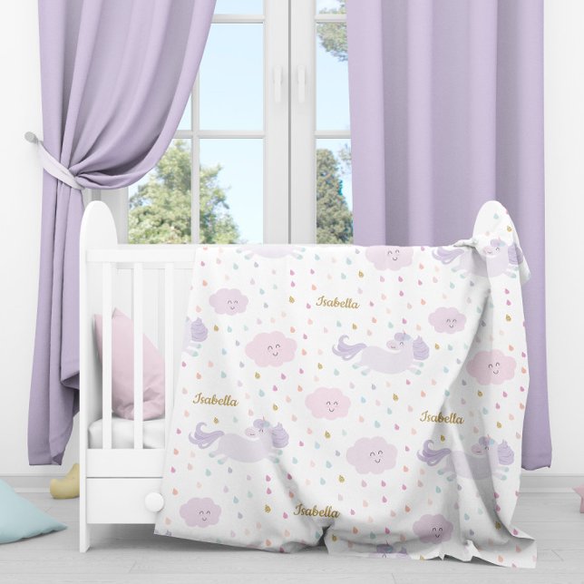 Cute Purple Unicorn Girl's Personalised Fleece Blanket (Creator Uploaded)