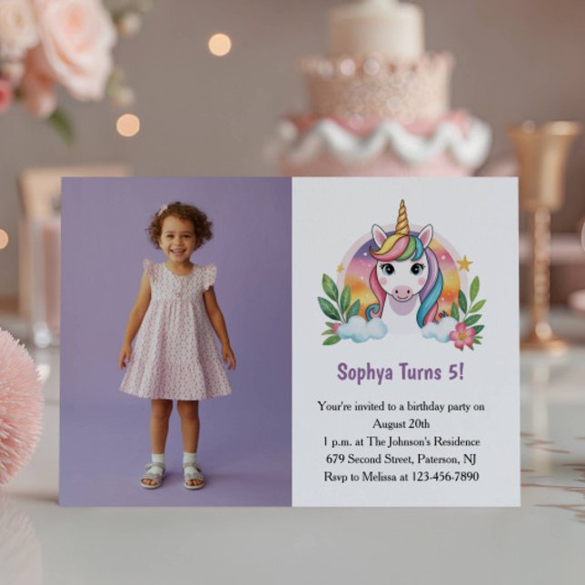 Cute Purple Unicorn Photo Kids Birthday Party Invitation (Creator Uploaded)