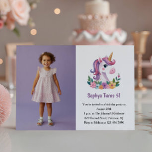 Cute Purple Unicorn Photo Kids Birthday Party Invitation
