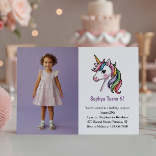 Cute Purple Unicorn Photo Kids Birthday Party Invitation