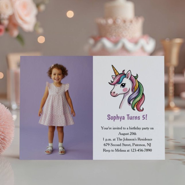 Cute Purple Unicorn Photo Kids Birthday Party Invitation (Creator Uploaded)