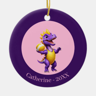 Cute purple volleyball dinosaur ceramic ornament