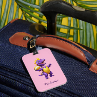 Cute purple volleyball dinosaur luggage tag