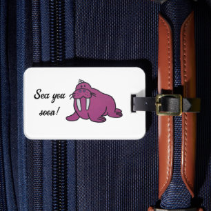 Cute Purple Walrus Cartoon, Friendly Ocean Nature Luggage Tag