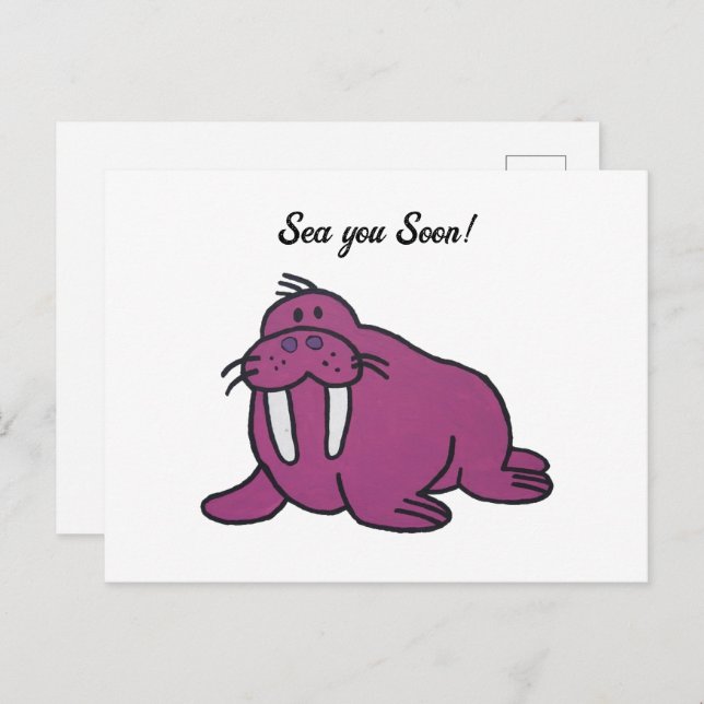 Cute Purple Walrus Cartoon, Friendly Ocean Nature Postcard (Front/Back)
