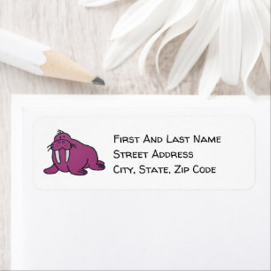 Cute Purple Walrus Cartoon, Friendly Ocean Nature Return Address Label