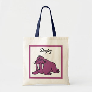 Cute Purple Walrus Cartoon, Friendly Ocean Nature Tote Bag