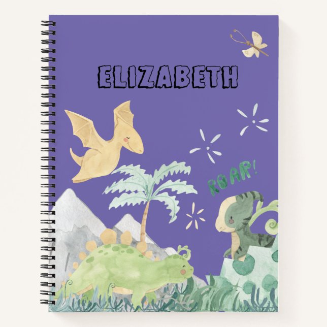 Cute Purple Watercolor Dinosaur Notebook (Front)