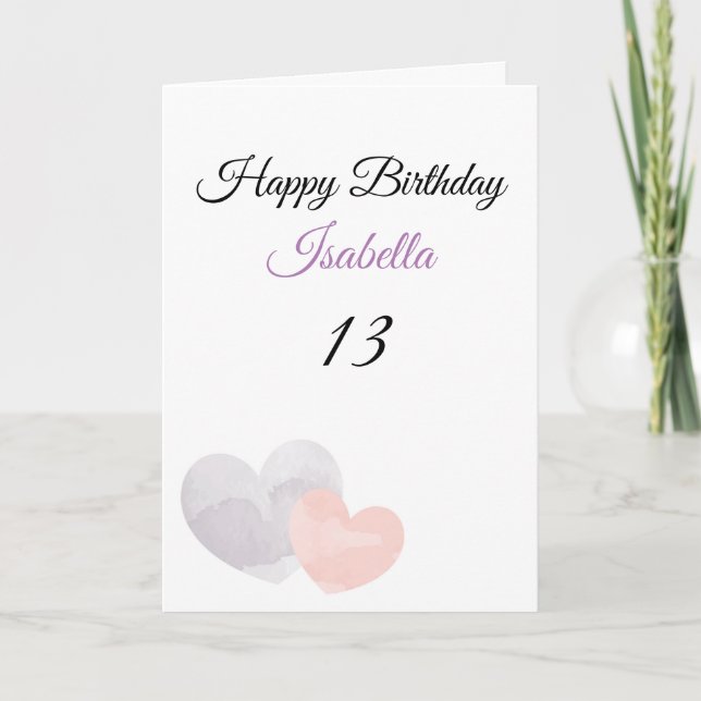 Cute Purple Watercolor Double Heart 13th Birthday Card (Front)