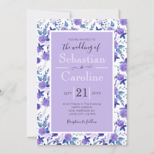 Cute Purple Watercolor Flowers Wedding Invitation (Front)
