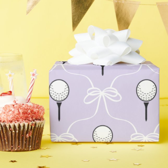 Cute Purple White Bow Golf Pattern Wrapping Paper (Birthday Party)