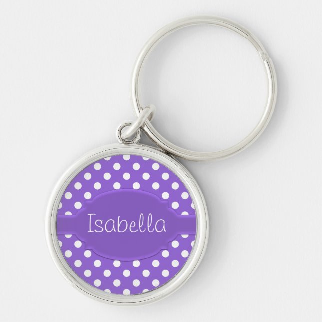 Cute Purple & White Polka Dot Pattern & Nameplate Key Ring (Front)