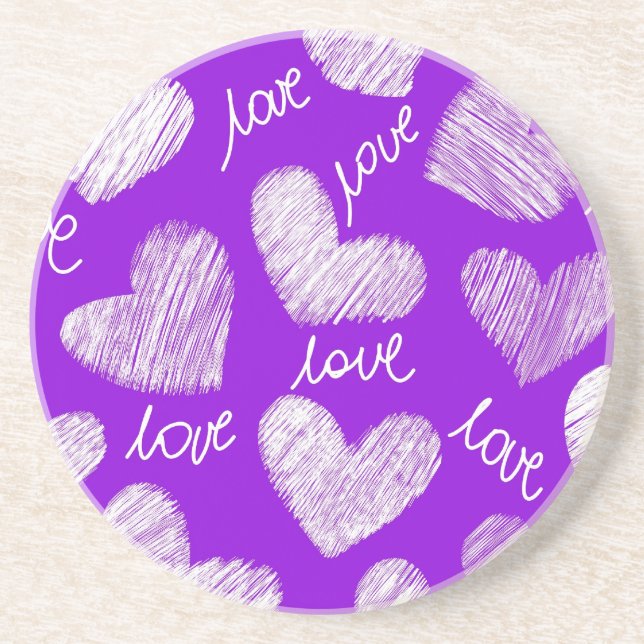Cute Purple White Scribbled Heart with Love Script Coaster (Front)