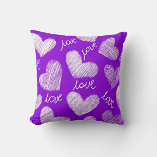 Cute Purple White Scribbled Heart with Love Script Cushion
