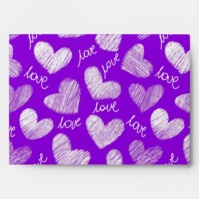 Cute Purple White Scribbled Heart with Love Script Envelope (Front)