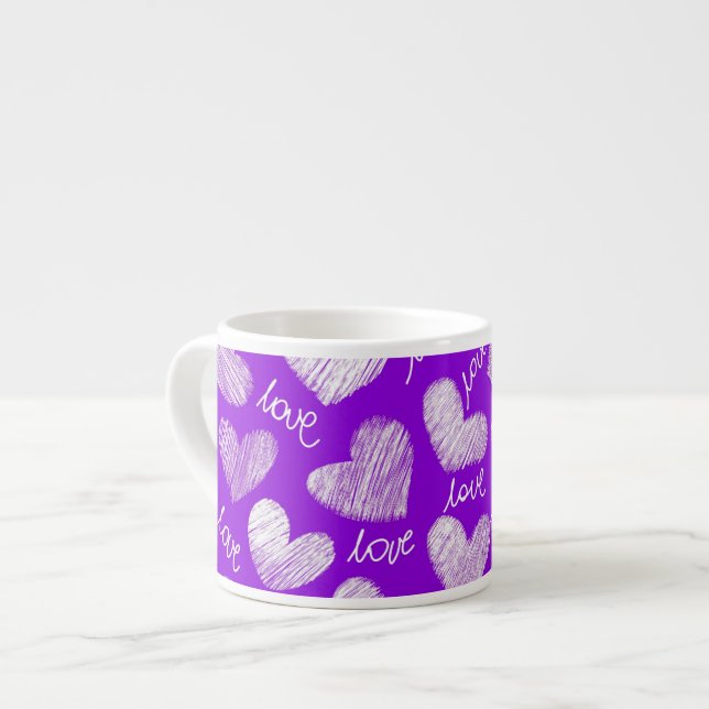 Cute Purple White Scribbled Heart with Love Script Espresso Cup (Front Left)