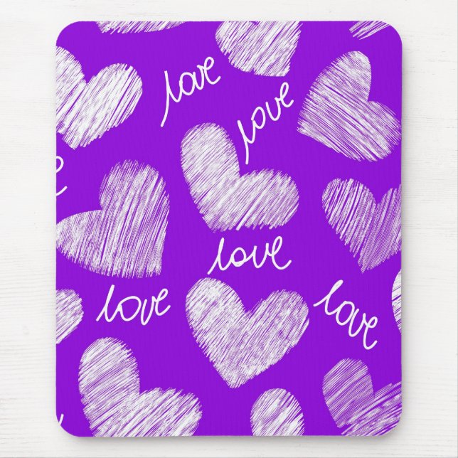 Cute Purple White Scribbled Heart with Love Script Mouse Pad (Front)