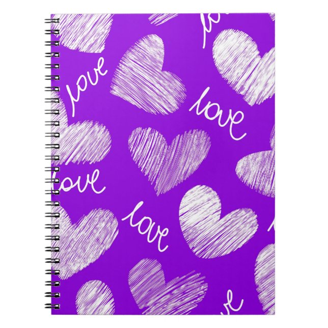 Cute Purple White Scribbled Heart with Love Script Notebook (Front)