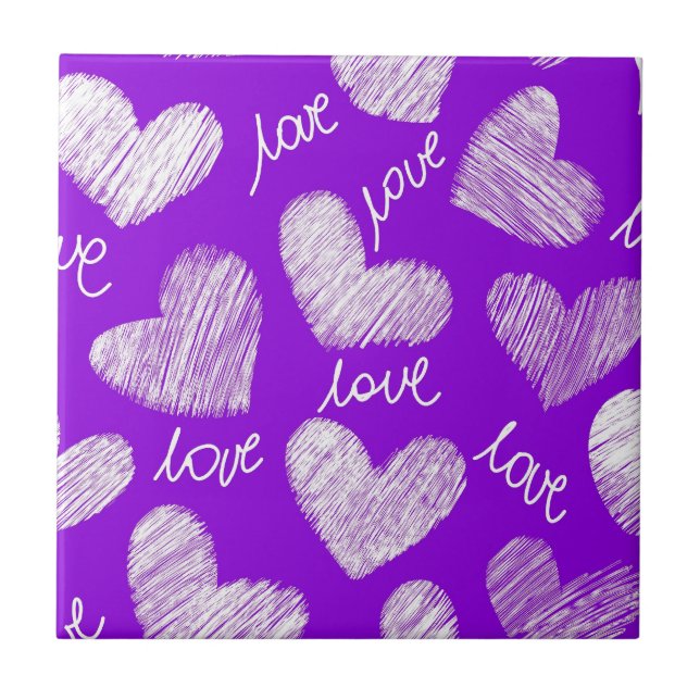 Cute Purple White Scribbled Heart with Love Script Tile (Front)
